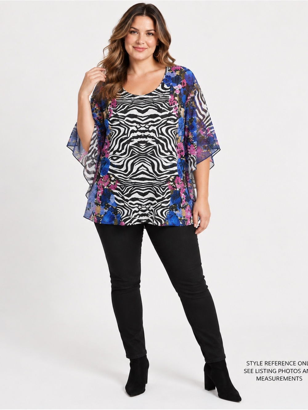 Calessa Zebra Floral Mesh Cape Sleeve Top XL Boho Artsy‎